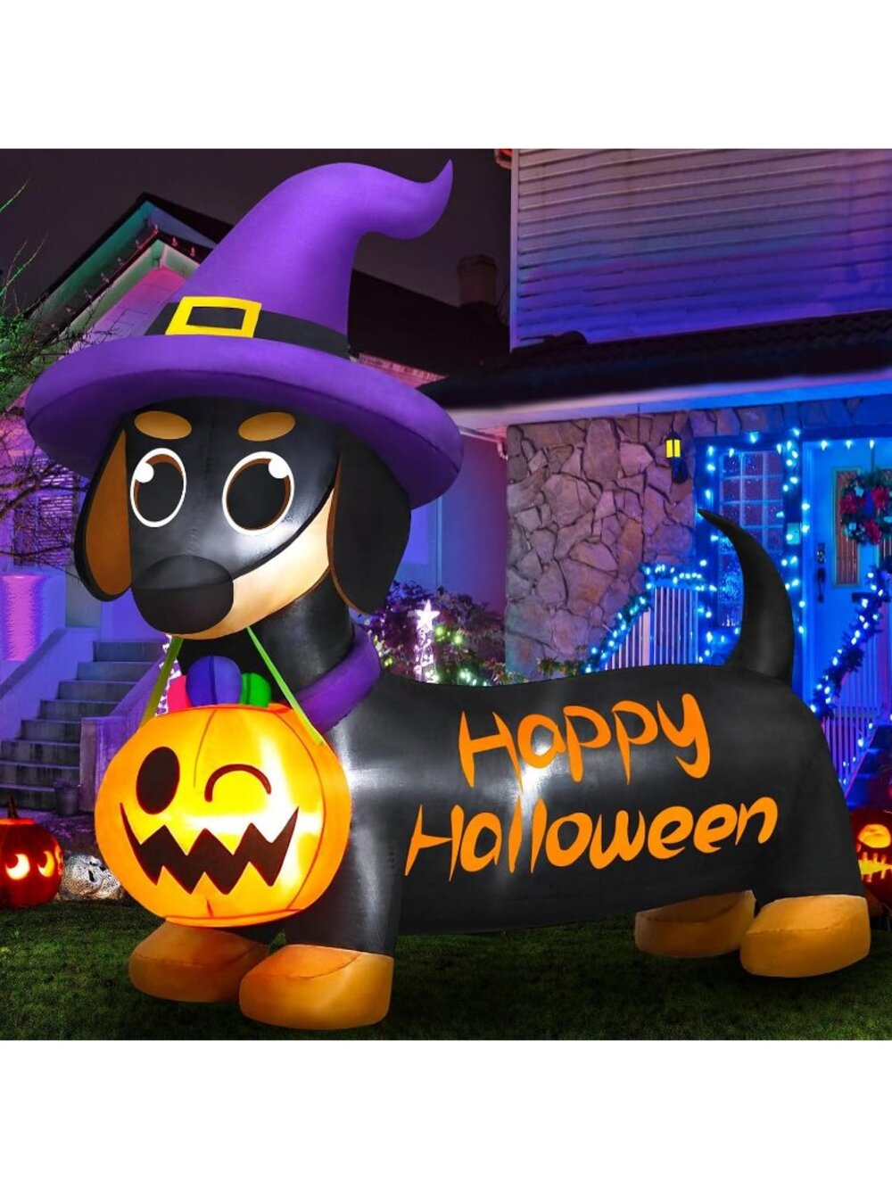 🎃 5 FT Long Halloween Inflatables Dog Pumpkin & Witch Hat Built-in LED Lights